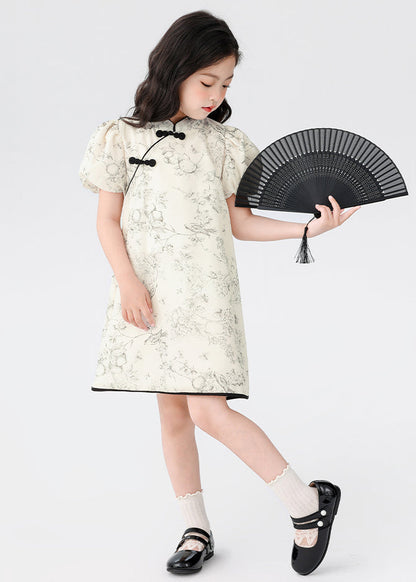 Chinese Style Beige Stand Collar Print Button Kids Mid Dress Short Sleeve MN024