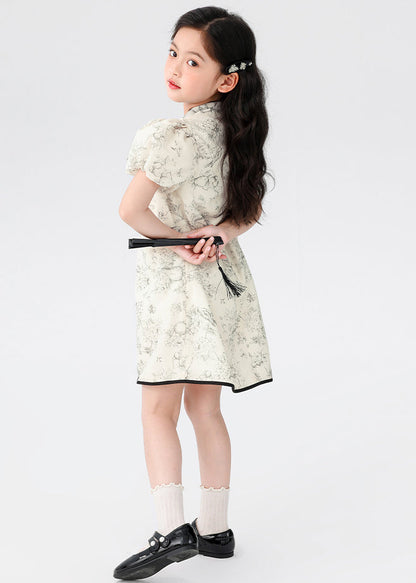 Chinese Style Beige Stand Collar Print Button Kids Mid Dress Short Sleeve MN024