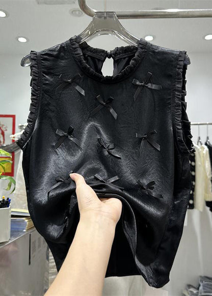 Chinesischen Stil Schwarz O-Ausschnitt Rüschen Patchwork Schleife Nagel Perle Seide Tops Ärmelloses QB027