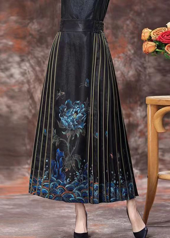 Chinese Style Black Print High Waist Silk Skirts Spring QQ1043