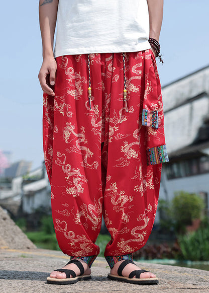 Chinese Style Black Print Ice Silk Loose Men's Lantern Pants Summer YT059