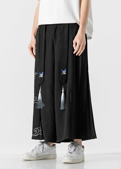 Pantalon large en lin froissé à imprimé ruban noir de style chinois pour l'été SA048