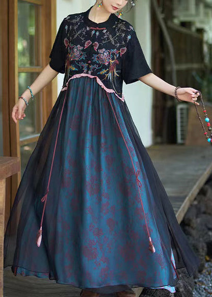 Robe d'été en lin et soie brodée à col montant noir de style chinois WW1014