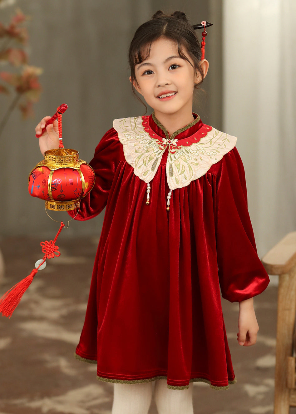 Chinese Style Black Stand Collar Embroideried Silk Velour Girls Mid Dresses Spring TV038