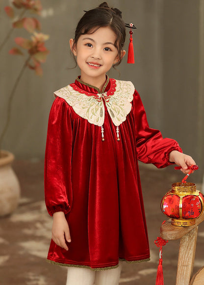 Chinese Style Black Stand Collar Embroideried Silk Velour Girls Mid Dresses Spring TV038