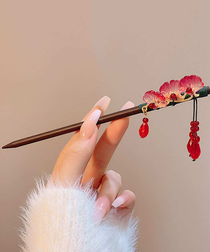Style Hairpin Floral Woodiness Tassel Chinese Black Alloy