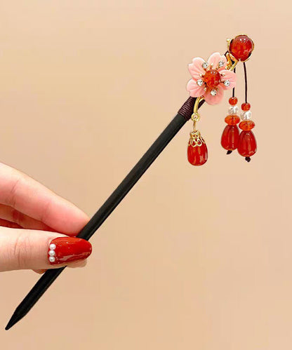 Style Hairpin Floral Woodiness Tassel Chinese Black Alloy