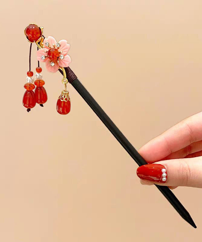 Style Hairpin Floral Woodiness Tassel Chinese Black Alloy