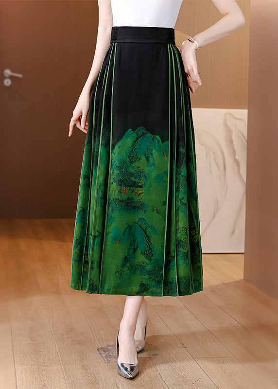 Chinese Style Blackish Green Wrinkled Print Silk Skirts Spring QQ1031