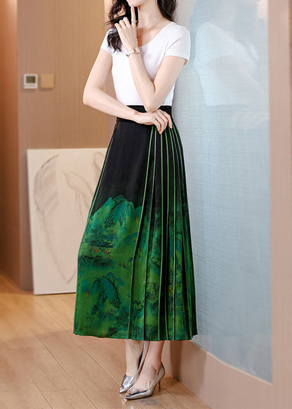 Chinese Style Blackish Green Wrinkled Print Silk Skirts Spring QQ1031