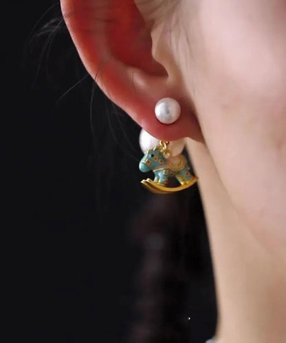 Blue Earrings Foal Stud Overgild Style Copper Pearl Chinese