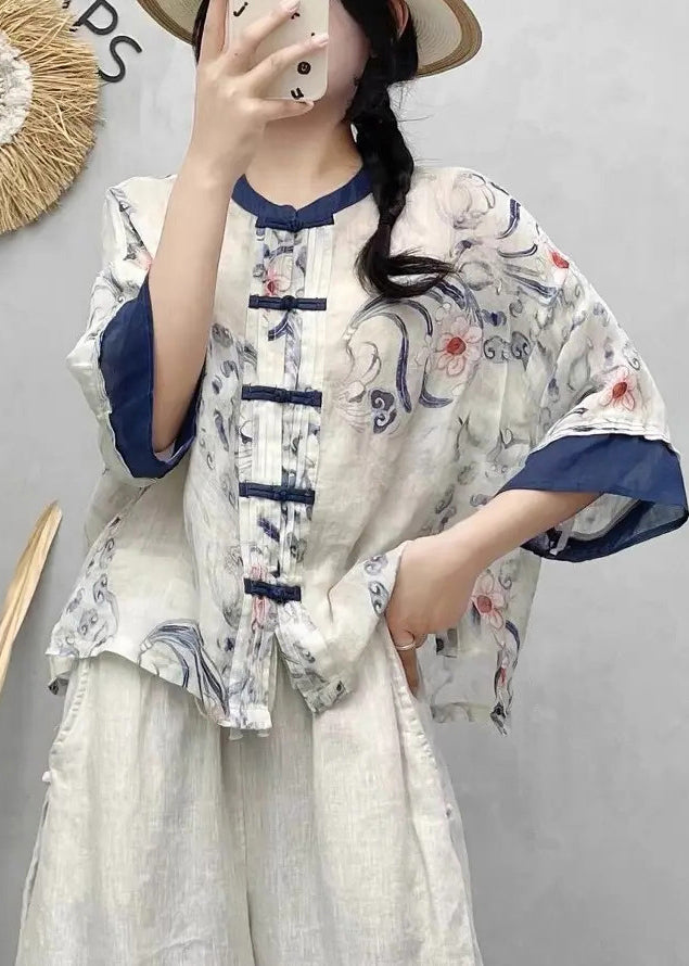 Shirts Summer Style Blue Chinese Linen Patchwork Print