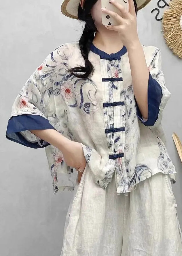 Shirts Summer Style Blue Chinese Linen Patchwork Print