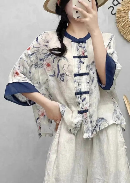 Shirts Summer Style Blue Chinese Linen Patchwork Print