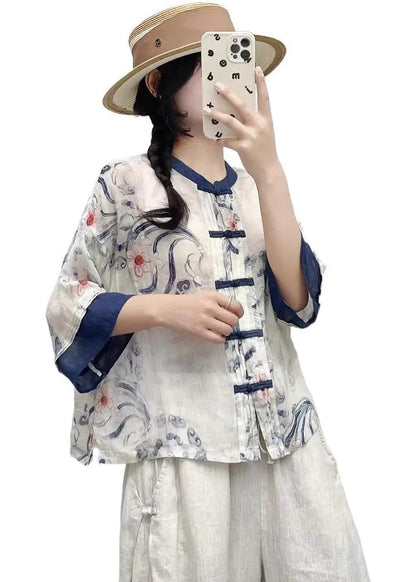 Shirts Summer Style Blue Chinese Linen Patchwork Print