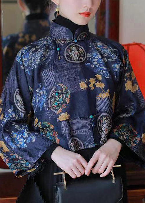 Chinese Style Blue Stand Collar Print Silk Shirts Spring YW038