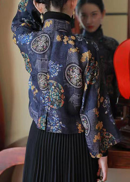 Chinese Style Blue Stand Collar Print Silk Shirts Spring YW038