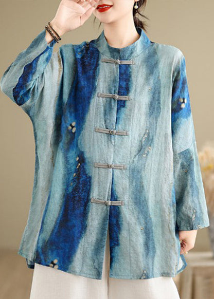 Chemise à manches longues à col montant bleu style chinois VV068