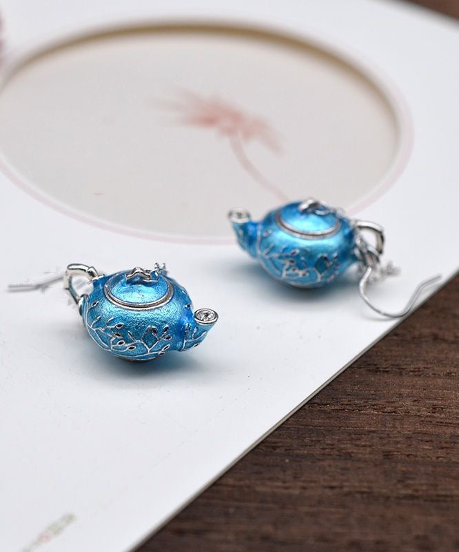 Chinese Style Blue Sterling Silver Cloisonne Plum Blossom Teapot Hoop Earrings RB011