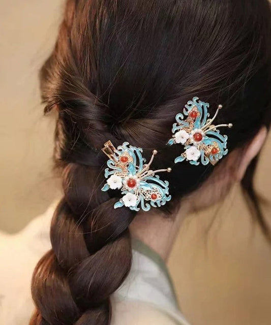 Chinese Style Colorblock Sterling Silver Overgild Bell Orchid Butterfly Pearl Hairpin TS010