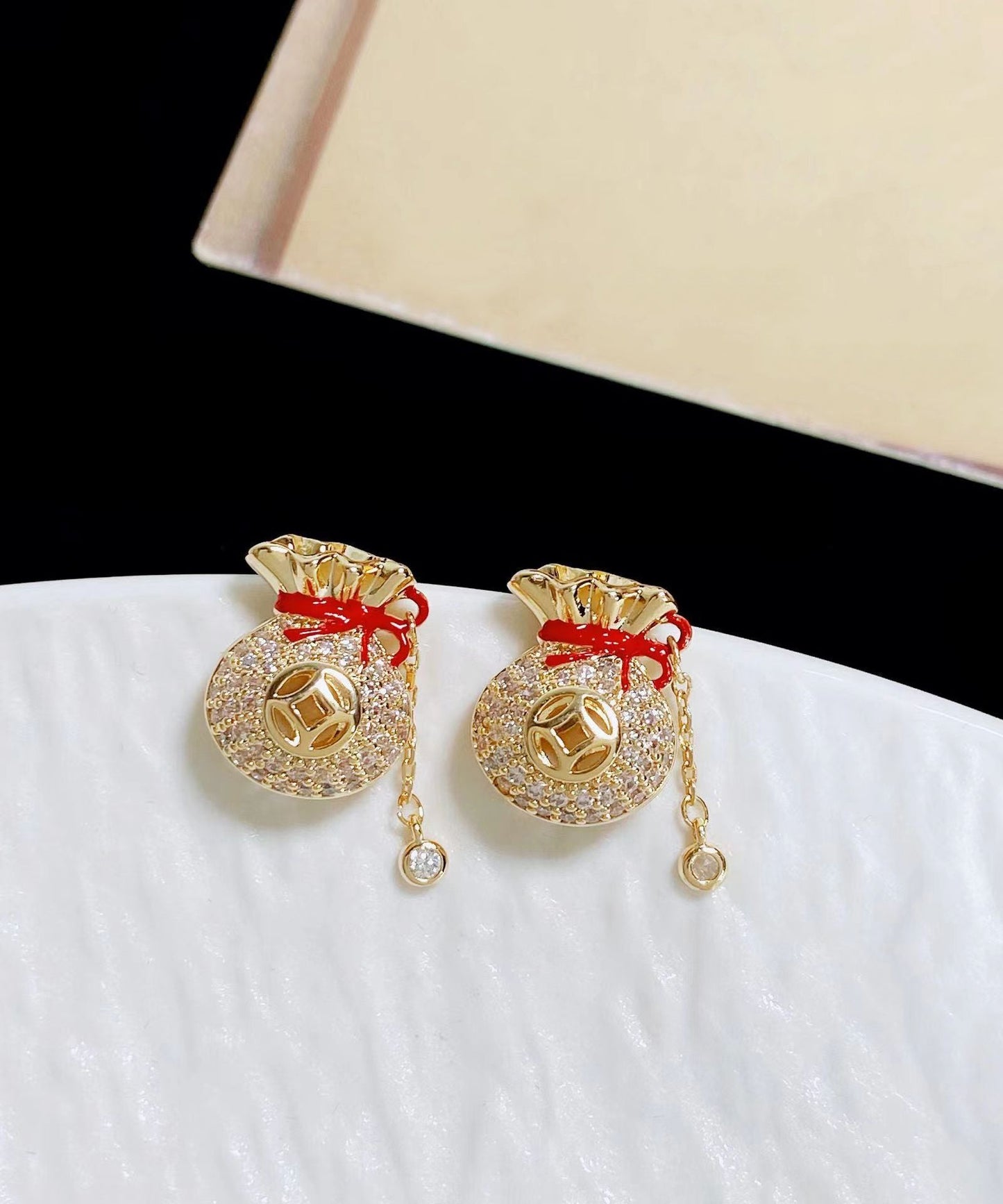 Chinese Style Copper 14K Gold Zircon Blessing Bag Tassel Stud Earrings WZ006