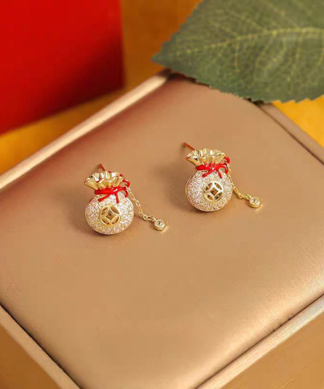 Chinese Style Copper 14K Gold Zircon Blessing Bag Tassel Stud Earrings WZ006