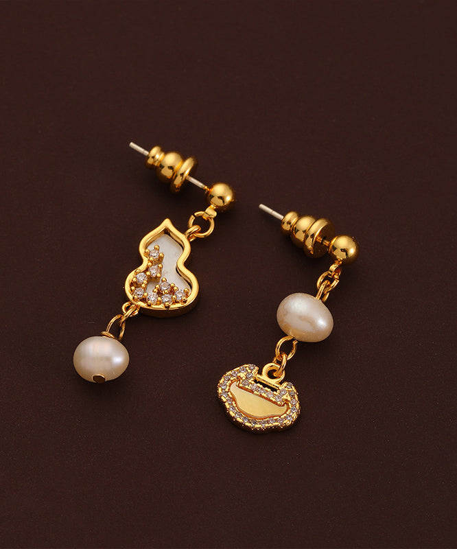 Chinese Style Gold Copper Overgild Pearl Zircon Drop Earrings QI070