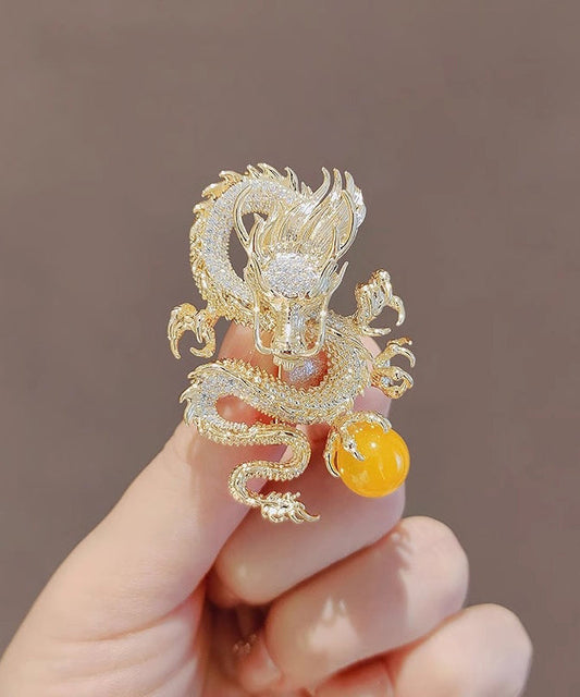 Chinese Style Gold Sterling Silver Alloy Zircon Golden Dragon Playing With Pearl Brooches WP013