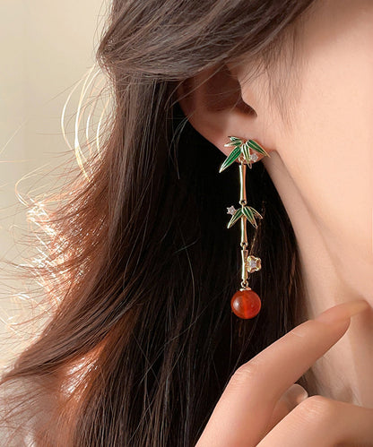 Chinese Style Gold Sterling Silver Overgild Agate Bamboo Joint Tassel Drop Earrings EY001