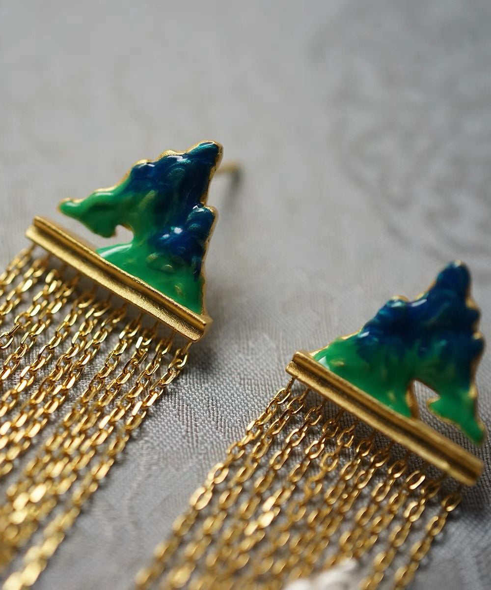 Chinese Style Gold Sterling Silver Overgild Enamel Chain Tassel Drop Earrings II001