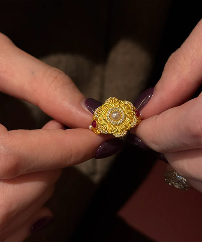 Chinese Overgild Pearl Rings Stone Style Sterling Gold Gem Silver