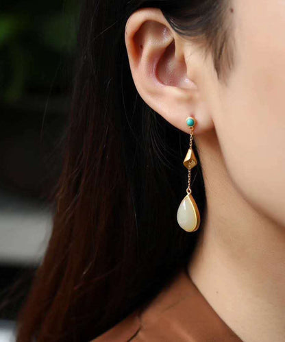 Chinese Style Gold Sterling Silver Overgild Turquoise Jade Water Drop Drop Earrings TX043