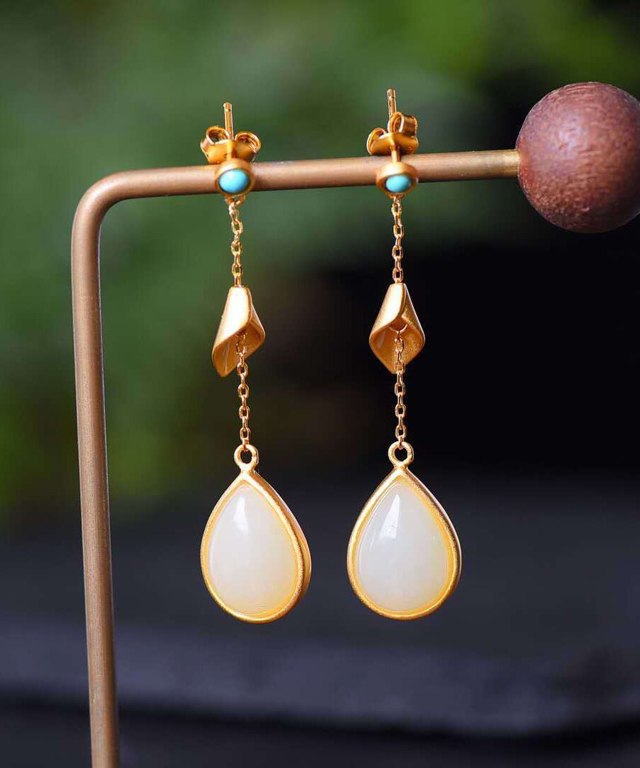 Chinese Style Gold Sterling Silver Overgild Turquoise Jade Water Drop Drop Earrings TX043