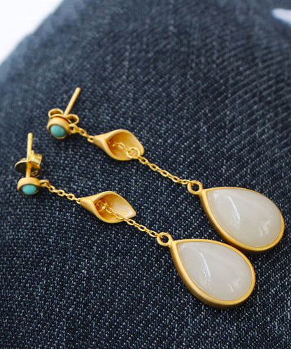 Chinese Style Gold Sterling Silver Overgild Turquoise Jade Water Drop Drop Earrings TX043