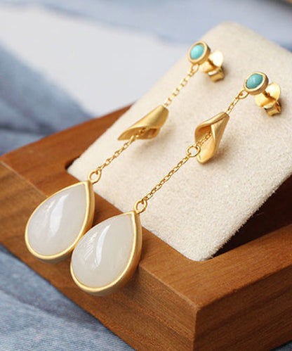 Chinese Style Gold Sterling Silver Overgild Turquoise Jade Water Drop Drop Earrings TX043