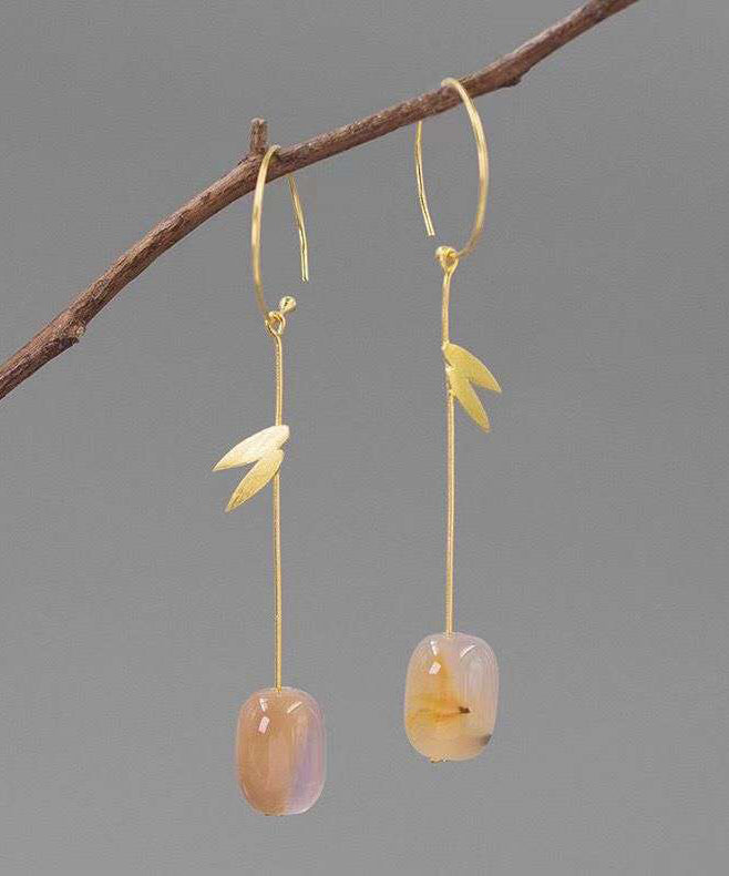 Chinese Style Gold Sterling Silver Overgild Water Drop Bamboo Leaf Drop Earrings AC1066