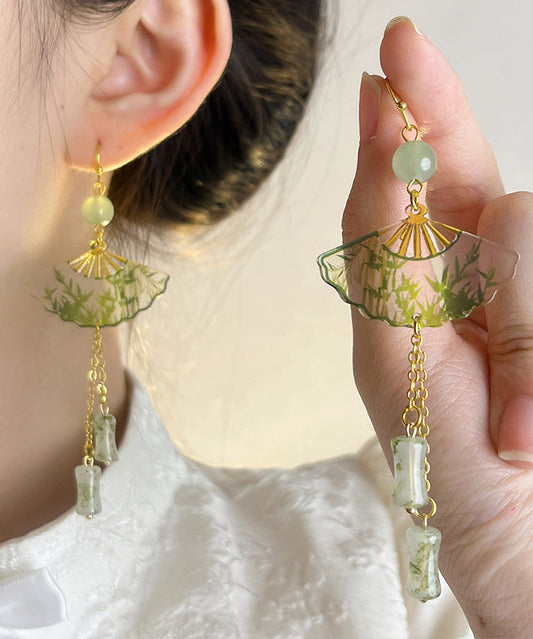 Boucles d'oreilles pendantes en alliage acrylique vert de style chinois en jade et bambou WH039