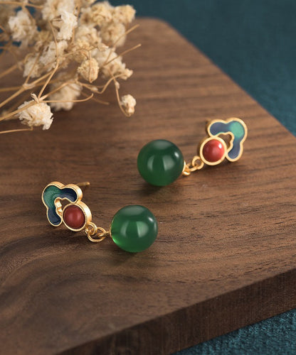 Style Gold Earrings Green Chalcedony Ancient Chinese Drop