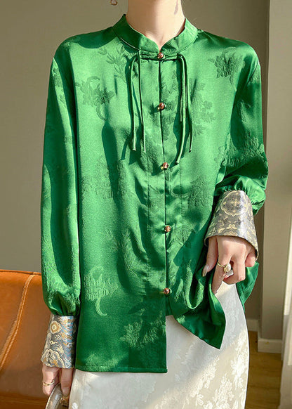 Chinese Style Green Button Print Silk Shirts Fall AB1035