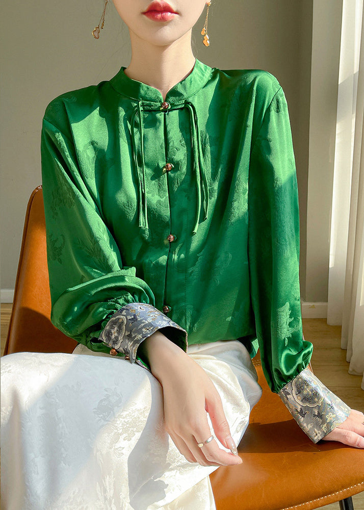 Chinese Style Green Button Print Silk Shirts Fall AB1035