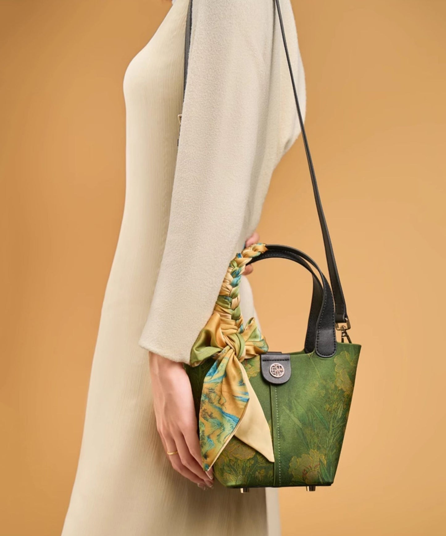 Handbag Chinese Silk Green Versatile Tote Style Print