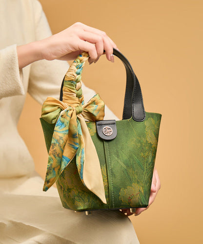 Handbag Chinese Silk Green Versatile Tote Style Print