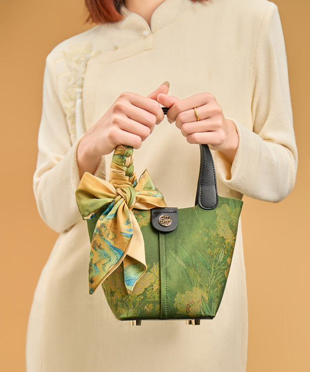 Handbag Chinese Silk Green Versatile Tote Style Print