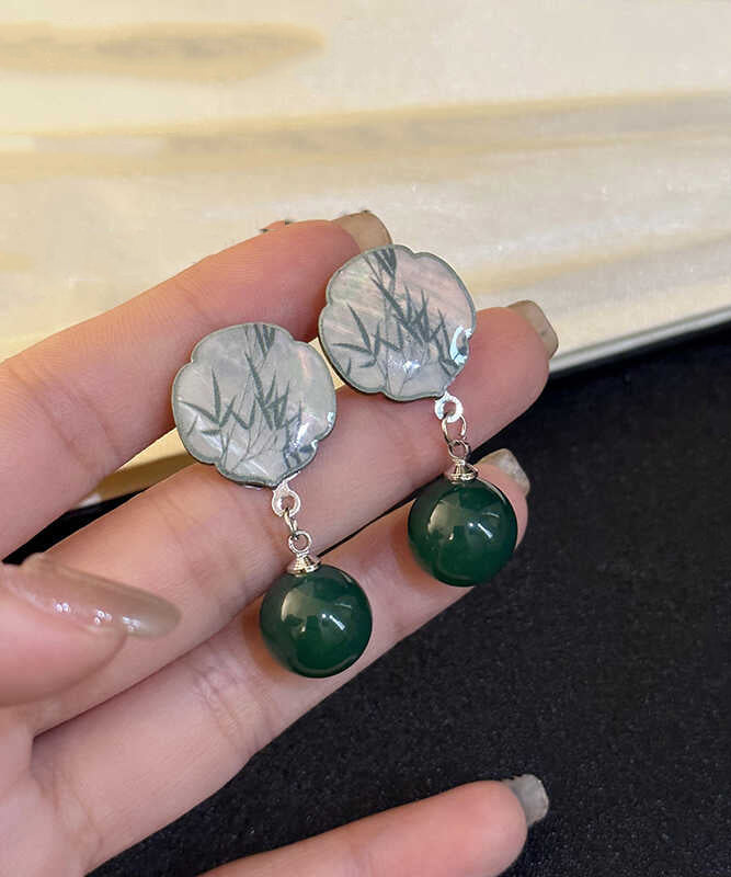 Chinese Style Green Square Sterling Silver Agate Bamboo Leaves Drop Earrings WH020