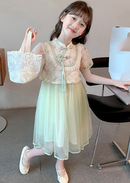 Chinese Style Green Stand Collar Tassel Fake Two Pieces Tulle Girls Maxi Dresses Summer MN009