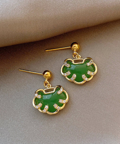 Chinese Style Green Sterling Silver Overgild Zircon Jade Safety Lock Stud Earrings WH045