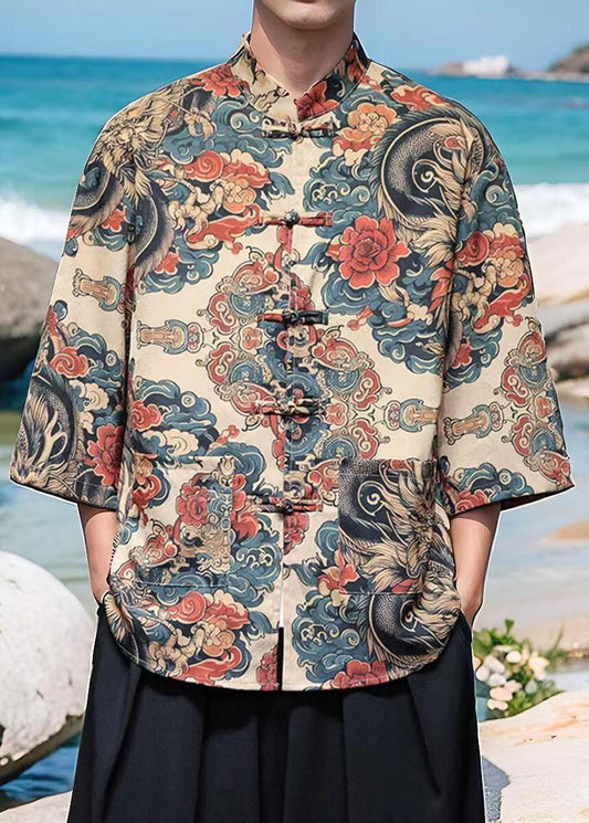 Chinese Style Khaki Print Print Ice Silk Mens Shirt Bracelet Sleeve YT084