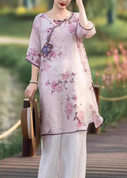Embroidered Style Dress Pink Summer Linen Side Chinese Open