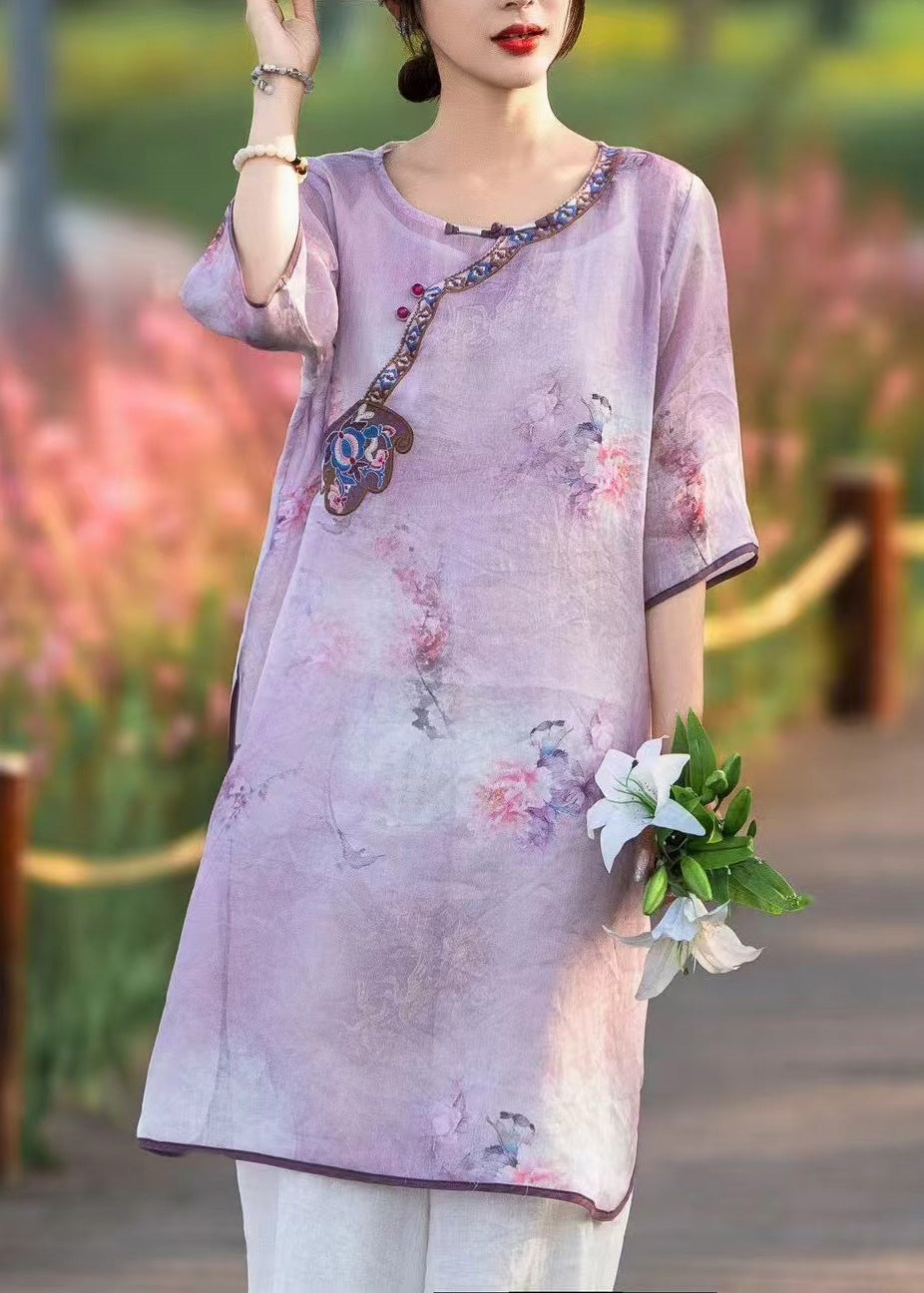 Embroidered Style Dress Pink Summer Linen Side Chinese Open