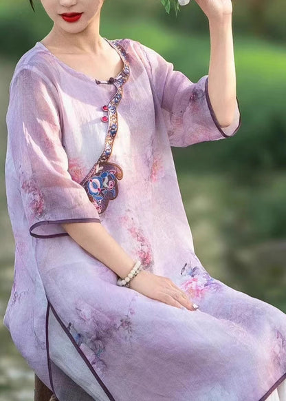Embroidered Style Dress Pink Summer Linen Side Chinese Open